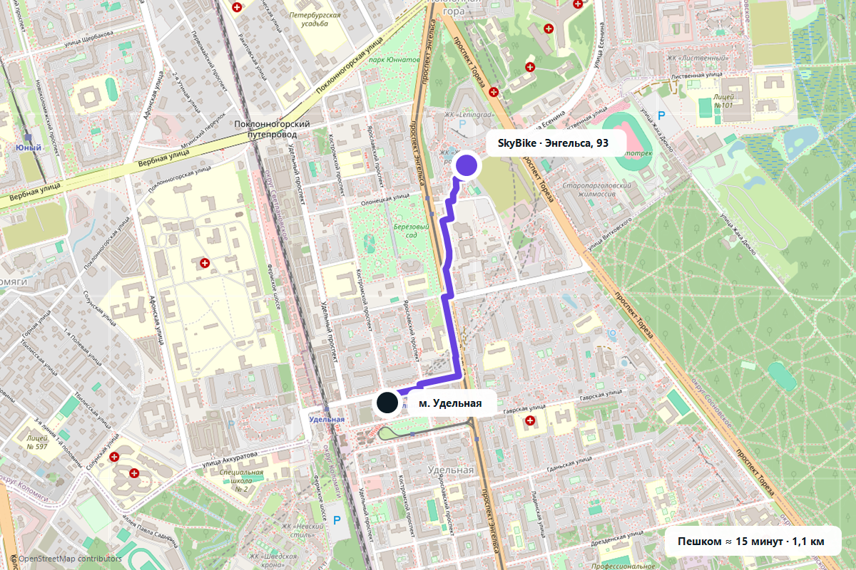Пешеходный маршрут от метро Удельная до точки SkyBike на проспекте Энгельса, 93
